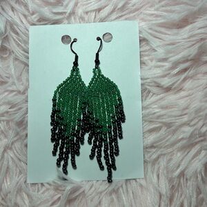 Green & Black Beaded Fringe Earrings | Long Statement Fringe